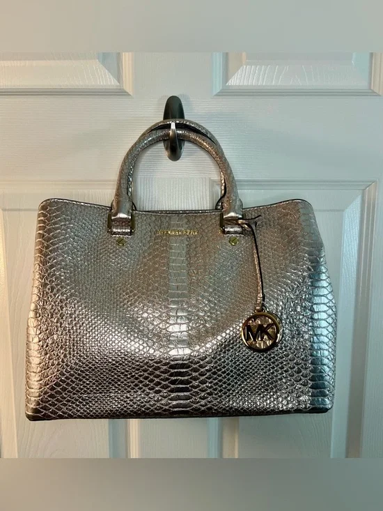 Michael Kors Metallic Golden BronzeSnake-Embossed Top-Handle Satchel - Picture 16 of 16